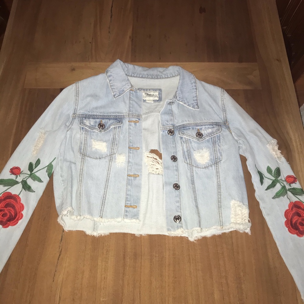 embroidered cropped jean jacket